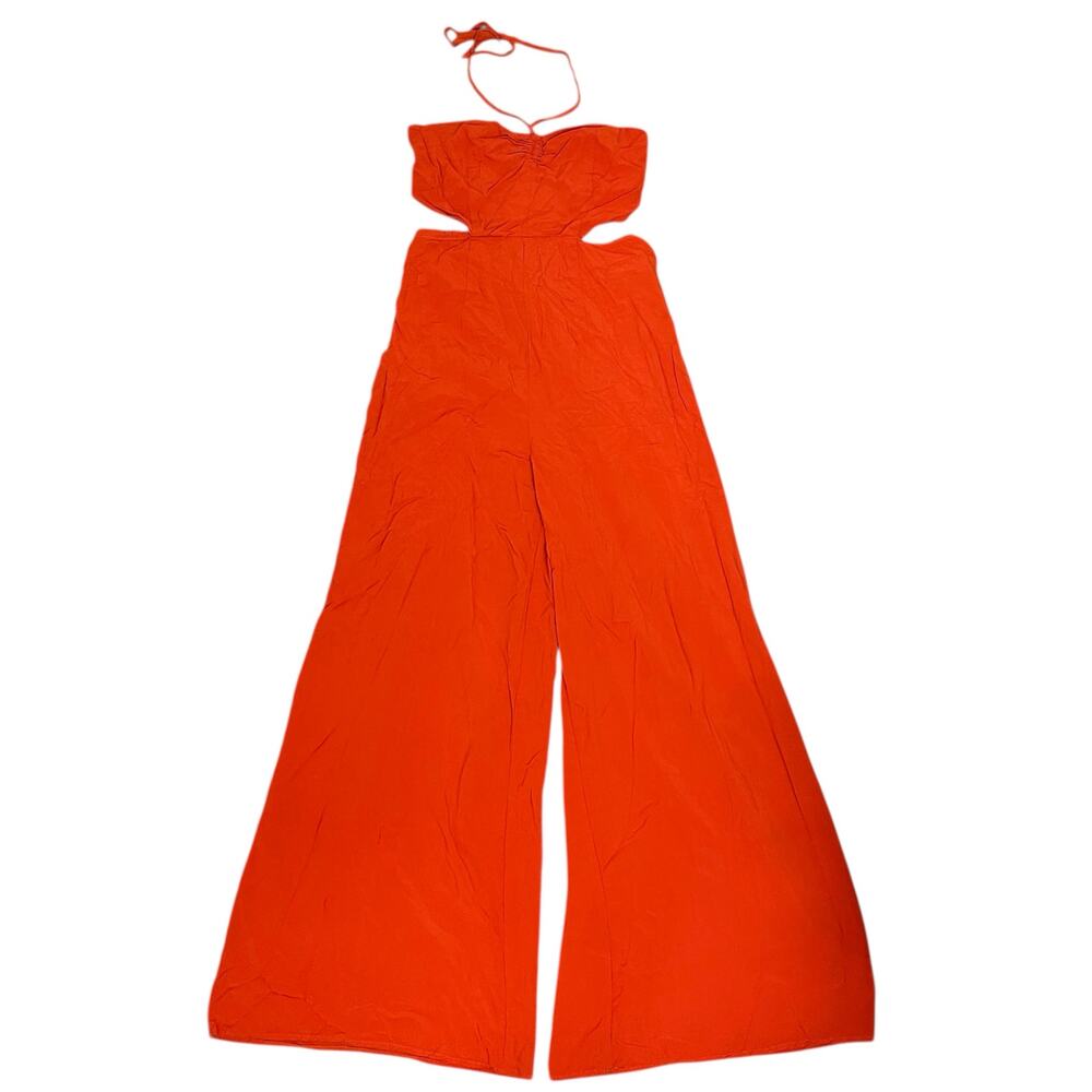 Forever 21 Women's Small Orange Crepe Cut Halter Neck Wide Leg Flare Jumpsuit